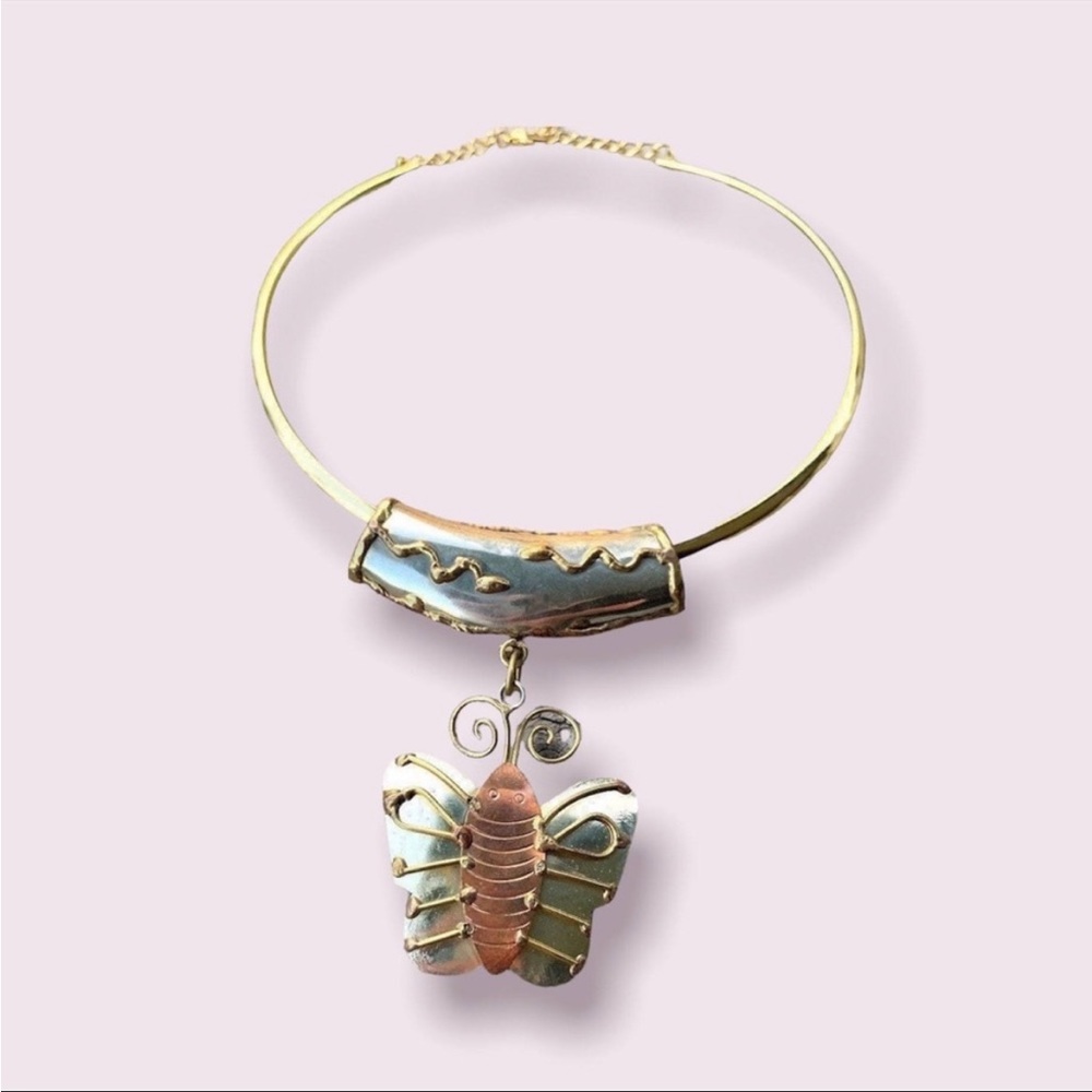 Retro Butterfly Pendant Necklace Copper & Silver Jewelry